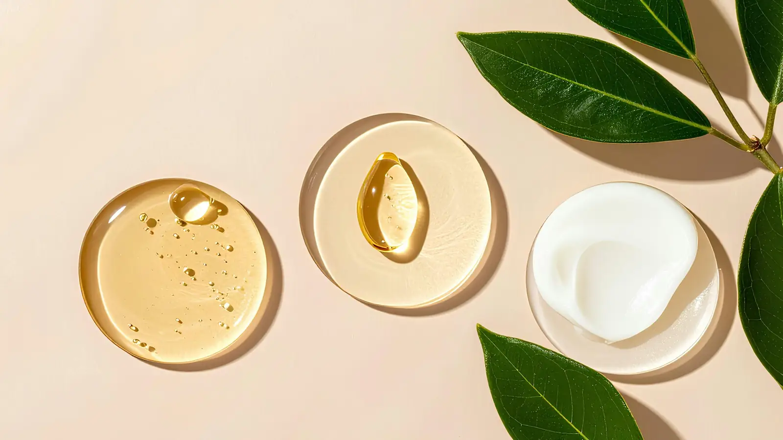 Texturas de cosméticos em placas de vidro com folhas verdes sobre fundo nude