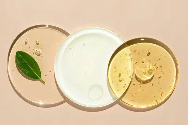Texturas de cosméticos em placas de vidro com folha verde