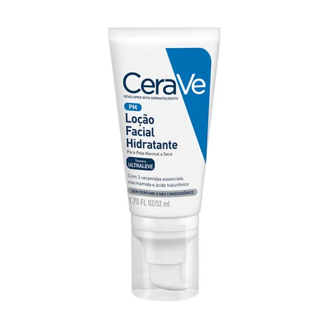 Embalagem da CeraVe Loção Facial Hidratante PM 52 ml, bisnaga branca com detalhe azul, para pele normal a seca