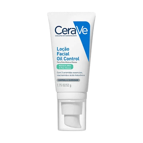 Embalagem da CeraVe Loção Facial Oil Control 52 g, bisnaga branca com detalhe azul, para pele mista a oleosa