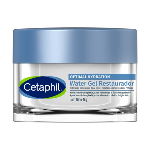 Pote do Cetaphil Optimal Hydration Water Gel Restaurador 48 g, com tampa azul e rótulo branco