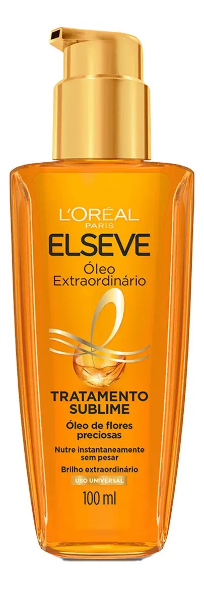 Frasco com pump dourado do L'Oréal Paris Elseve Óleo Extraordinário Tratamento Sublime 100 ml