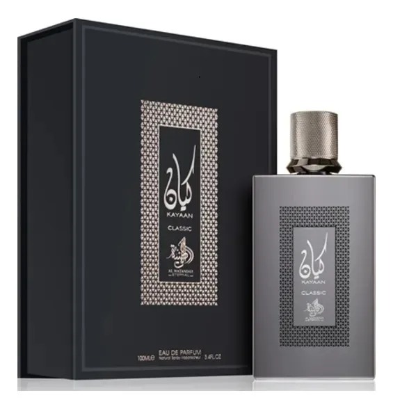Frasco cinza do Al Wataniah Kayaan Classic eau de parfum 100 ml ao lado da caixa preta