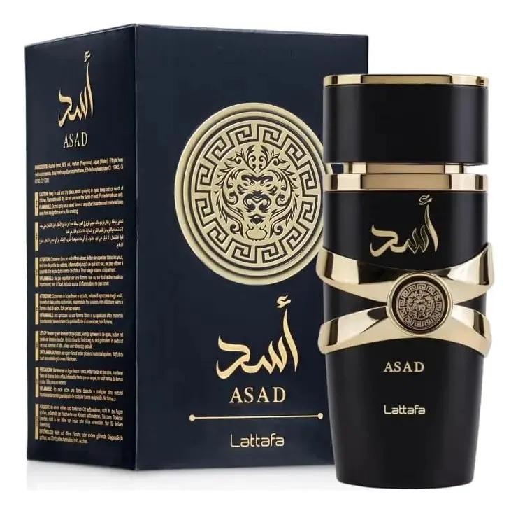Frasco preto e dourado do Lattafa Asad eau de parfum 100 ml ao lado da caixa
