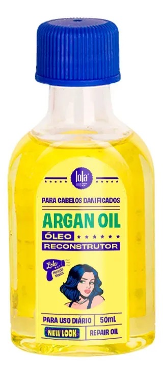 Frasco do Argan Óleo Reparador 50 ml da Lola from Rio, com líquido amarelo, tampa azul e rótulo amarelo